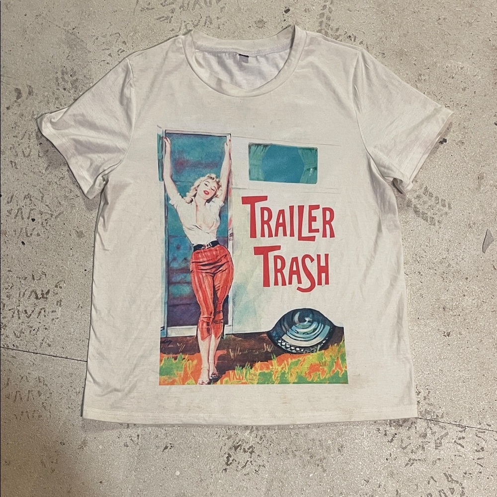 SHEIN White Short Sleeve Tee with Retro 'Trailer Trash' Graphic